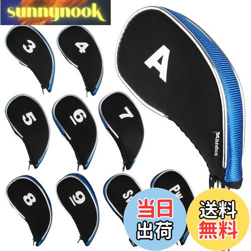 【送料無料】Andux ゴルフ アイアン ヘッドカバー ファスナー付き 10個/セット (ブルー/ブラック)