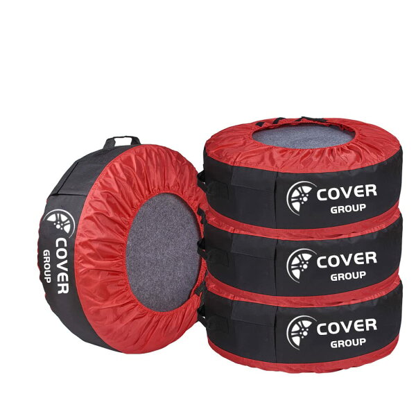 sunnynookの【送料無料】COVERGROUP タイヤカバー タイヤバッグ タイヤトート 4個セット フェルトパッド4個付き タイヤ収納 タイヤ 保管 屋外 紫外線 持ち運び便利 収納ポケット付け 適合サイズ:(約)直径55cm〜78cm 、タイヤ幅最大:26cmまで (レッド&ブラック)|詳細画像
