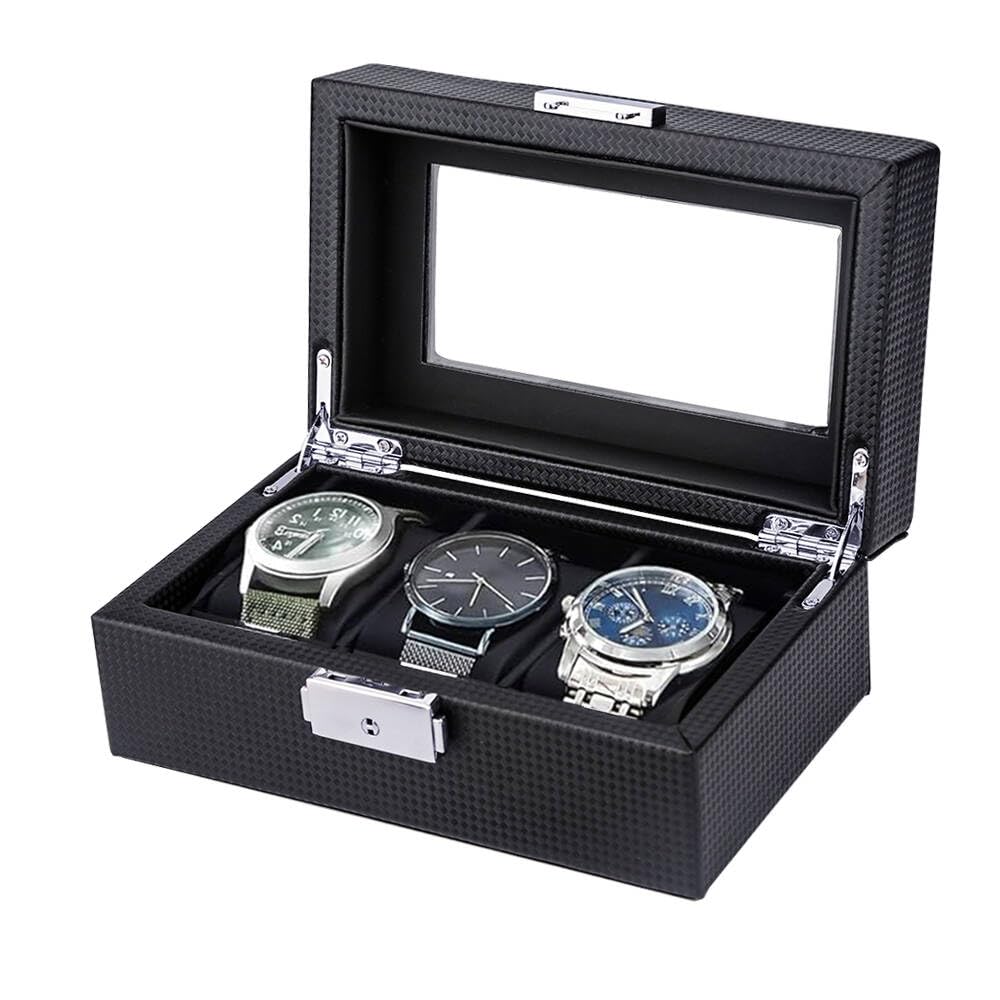 【送料無料】Anyasun 腕時計ケース 12本 腕時計収納ボックス 高級 時計 コレクションケース カーボンファイバー仕上げ 男女兼用 インタリア用 レザー製クッション 鍵付き (H:1段式・3本(ブラック))