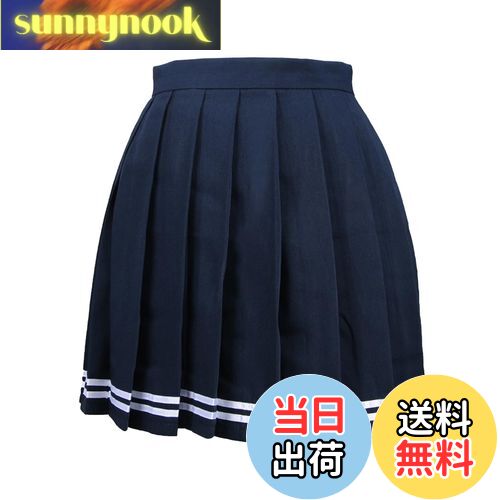 【送料無料】[Blostirno] プリーツスカート ミニ スクール ミニスカート 無地 ハイウェスト ひざ丈 制服 女子高校生 紺＋白線（JP0062NYW-S）