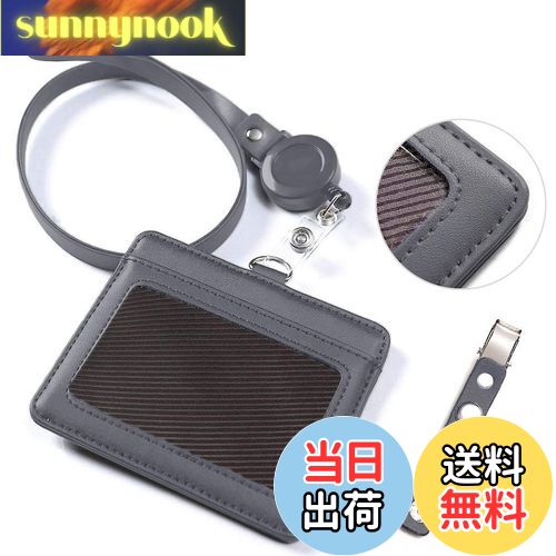 【送料無料】id カードホルダー ネームホルダー レザー パスケース 伸縮リール式 ネックストラップ バンドクリップ 付き 社員証 名札 定期入れ ケース 横型 メンズ&レディース 機能性 プレゼント ポケット二つ グレイ By VIAKY