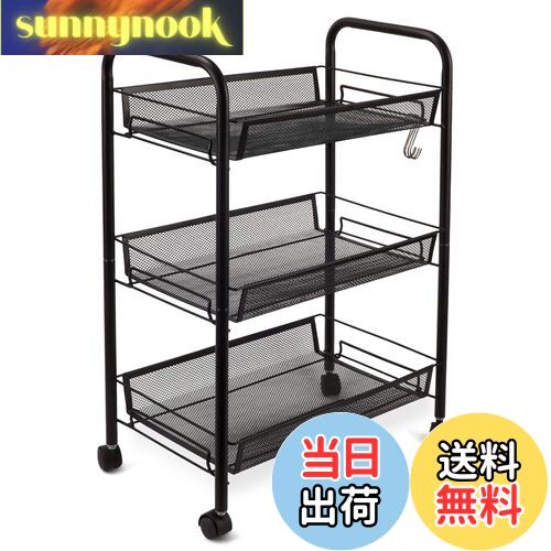【送料無料】HANKEY キッチンワゴン 三段ラック 隙間収納 キャスタ付き メッシュバスケット カート キャスターロック可能 フック4個 簡単 整理