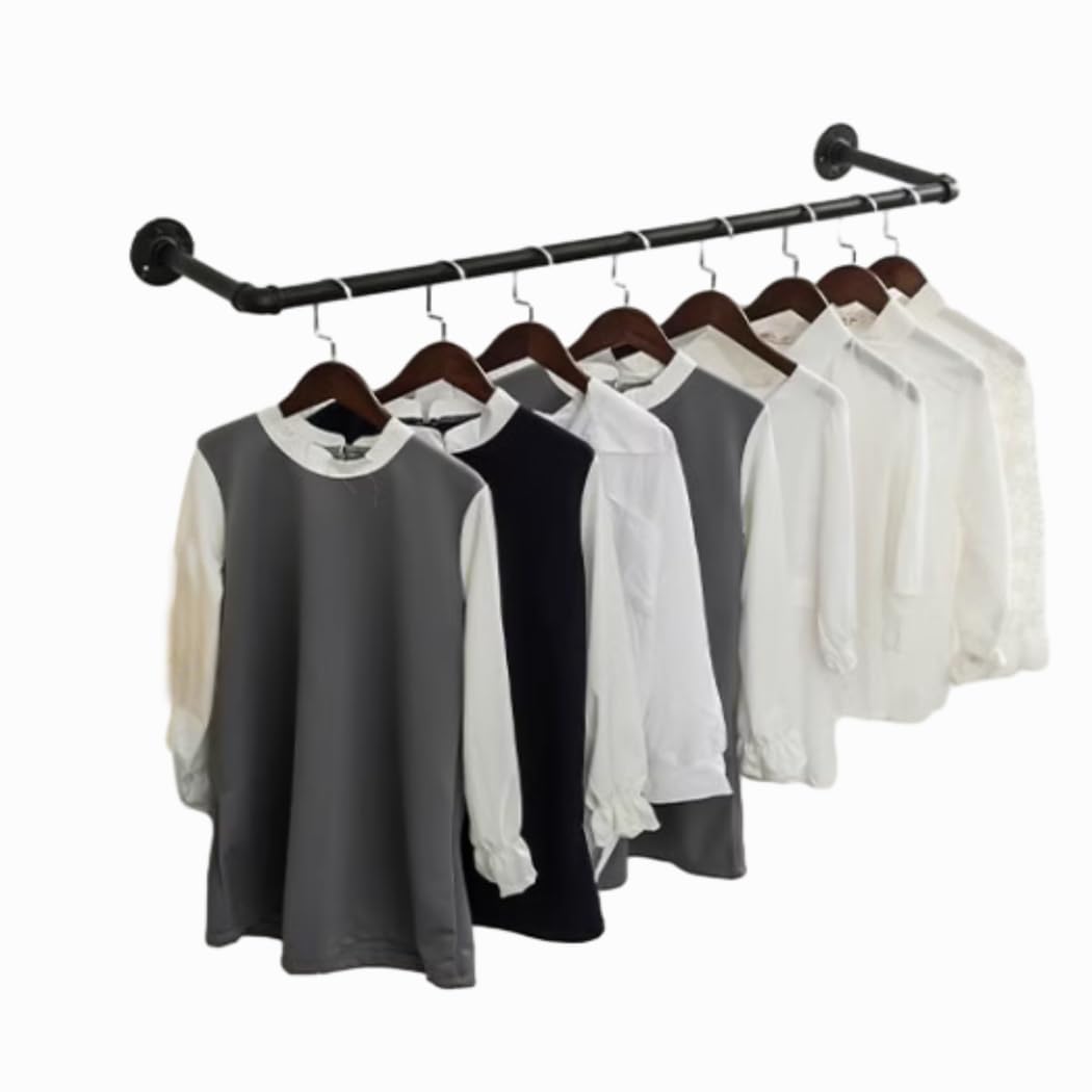 【送料無料】BAOYOUNI ハンガーパイプ 壁付け ハンガーラック アイアン 洋服ラック キッチン 浴室 ハンガーバー 多目的吊り下げロッド 天井 浴室 テラス ブ 耐荷重30kg ブラック (取り付け寸法92.5cm)