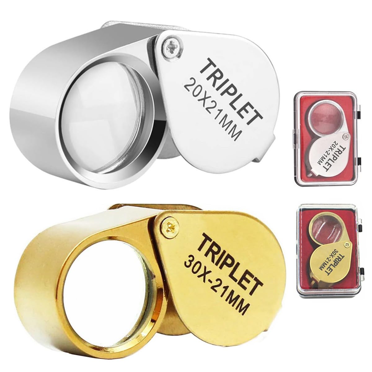 【送料無料】Getrays 折りたたみ式 ポケット 拡大鏡、2本 携帯便利 20倍 ＆ 30倍 直径21mm 虫眼鏡 宝石ルーペ 収納箱付き、手持ち拡大鏡 ために 趣味 紙幣 切手 コイン 地図 雑誌 新聞 読書用 （銀 ＆ 金）