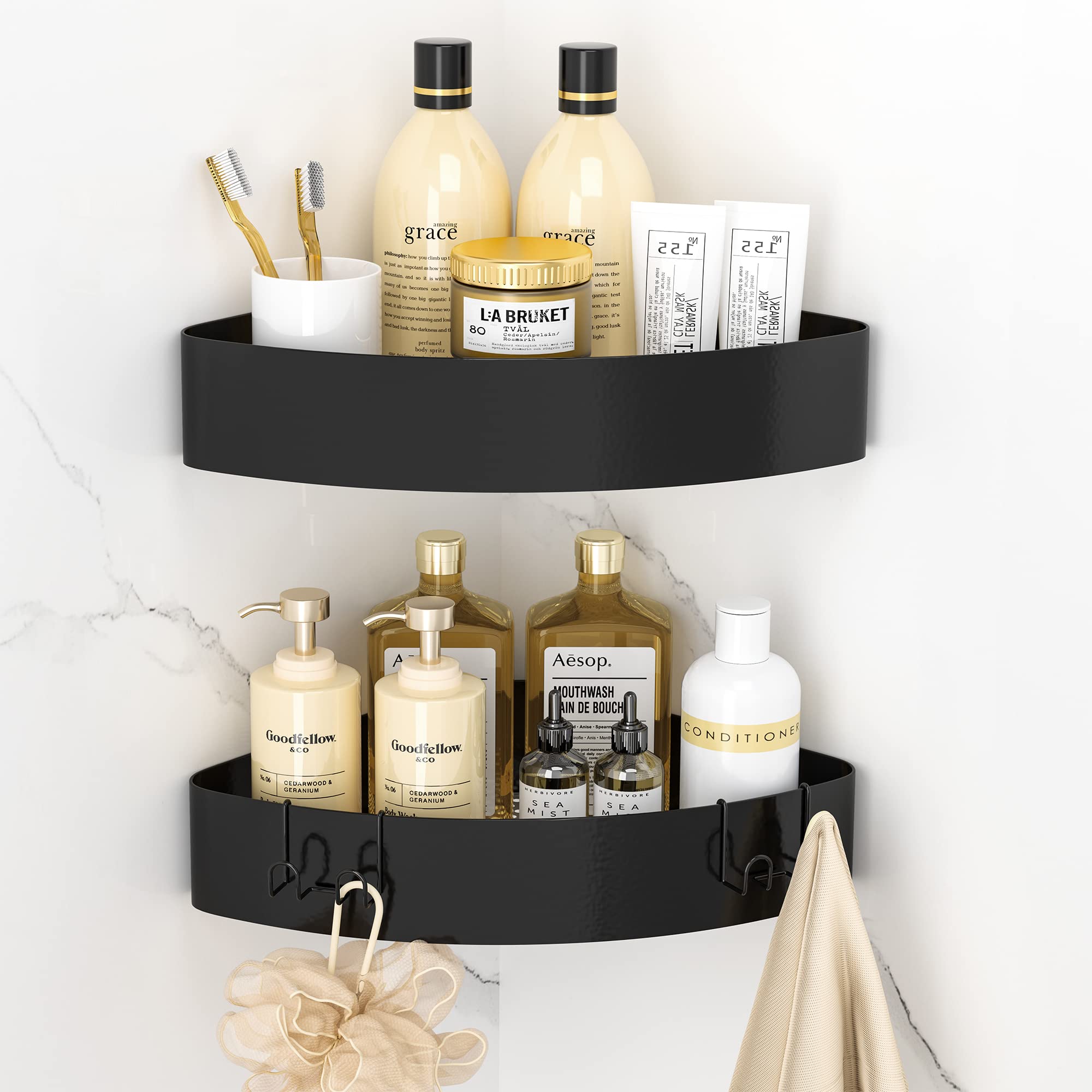 【送料無料】Orimade マグネット バスルーム コーナー ラック フック4個付き ブラック 約W31×D22×H6cm 浴室用ラック お風呂 おもちゃ 収納 シャワーフック 風呂場/洗面所 水切り 2段式…