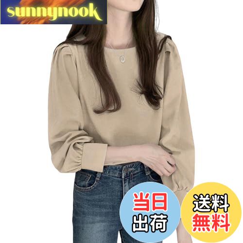 【送料無料】[MEME XTRA] メメエクストラ ブラウス レディース シャツ 長袖 秋 オフィス おしゃれ 長袖tシャツ パフスリーブ 薄手 丸襟 襟なし 綿 可愛い ゆったり 秋物 トップス キレイめ 無地 透けない カットソー カジュアル 通勤 大人 オフィス