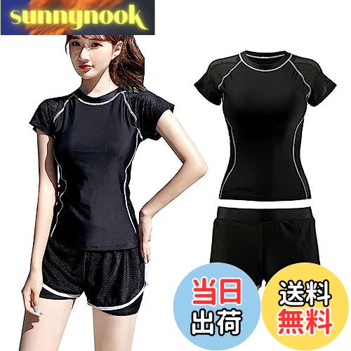 【送料無料】[Suerba] 水着 レディース セパレート 高校生 学生 水着 半袖ラッシュガード ショートパンツ 2点セット