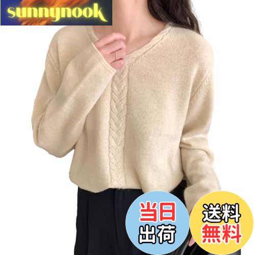 【送料無料】[GlamollaMisse] セーター レディース ニット ケーブル柄 長袖 厚手 Vネック 袖口リプ 柔..