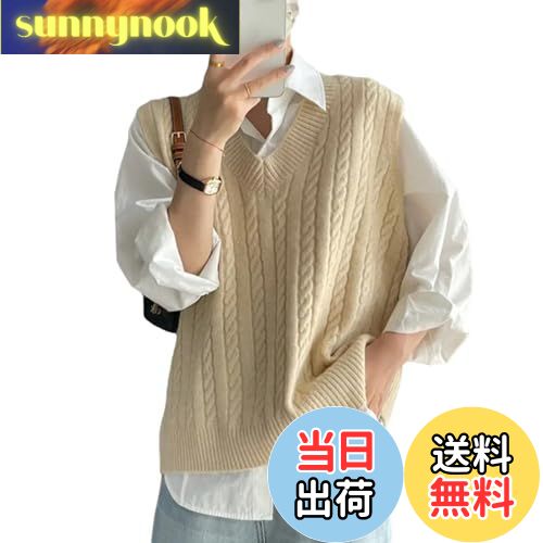 【送料無料】[MilaCorinna] レディース ニットベスト Vネック 無地 ケーブル柄 袖なし 重ね着 着せ ノ..