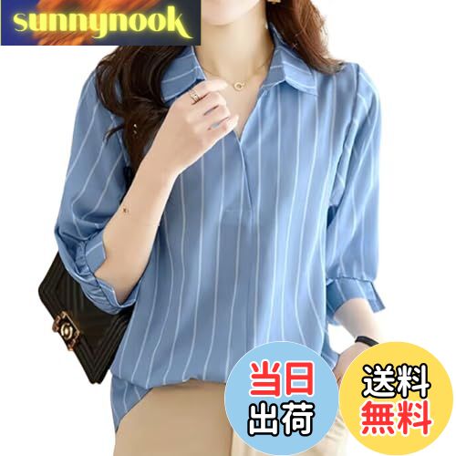 【送料無料】[Sueeya] スイーヤ シャツ ブラウス レディース ストライプ パフスリーブ 後ろ開き Vネック ギャザー 半袖 折り襟 ゆったり 体型カバー 着痩せ おしゃれ カジュアル 通勤 トップス 夏 秋