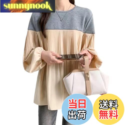 【送料無料】[7-livehouse] tシャツ レディース プリーツ 長袖tシャツ 切り替え ボリューム袖 ブラウス プルオーバー チュニック トップス 切替カットソー 大きいサイズ ゆったり パフスリーブ ぽわん袖 春秋 キレイめ 大人 可愛い カジュアル 通勤