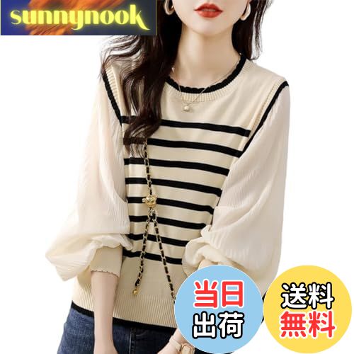 【送料無料】[MlleeSSeeldyTRC] ニット レディース ボーダー セーター 長袖 丸首 ブラウス シャツ 切り替え トップス カットソー 薄手 透け感 プルオーバー れ パフスリーブ 体型カバー 可愛い 通勤 カジュアル シンプル 旅行 デート 春 夏 秋