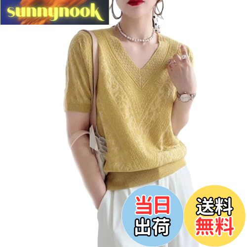 【送料無料】[ORWZDCO] Tシャツ レディース 半袖 トップス Vネック ニットソー パフスリーブ 透かし 無地 ゆったり 着痩せ エレガント シンプル おしゃれ 通勤 春 夏 秋