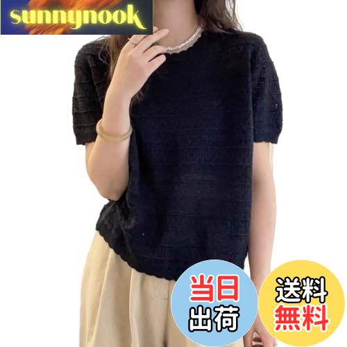 【送料無料】[JLBOCMGT] Tシャツ レディース 半袖 トップス 丸首 ニットソー 透かし 無地 ゆったり 着痩せ エレガント おしゃれ 通勤 普段着 春 夏 秋