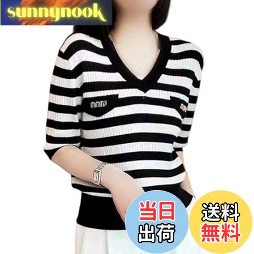 【送料無料】[MlleeSSeeldyTRC] サマーニット レディース Vネック tシャツ 五分袖 カットソー トップス サマーセーター ボーダー 体型カバー 可愛い 着回し 高伸縮 柔らか シルエット ファッション オフィス 薄手 日常 通勤 春 夏