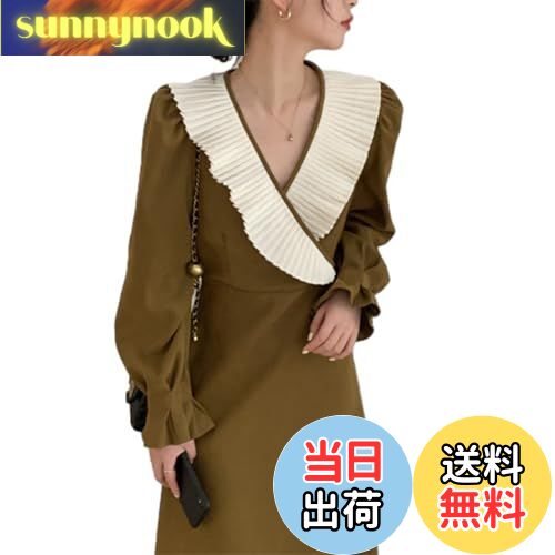 【送料無料】[ORWZDCO] ワンピース レディース Vネック フォーマルドレス ミディアム丈 長袖 パフスリーブ プリーツ ウエストマーク おしゃれ エレガント カジュアル シンプル 着痩せ ゆったり 体型カバー デート 普段着 春 秋