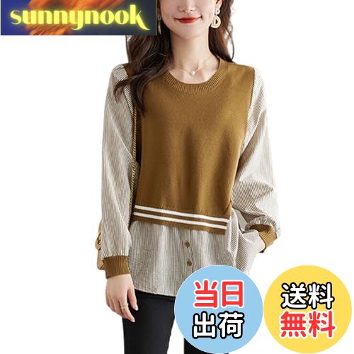 【送料無料】[Leadamon-oee] ニット レディース カットソー 切り替え セーター 長袖 春 秋 トップス 薄手 シャツ ブラウス レイヤード 重ね着 プルオーバー 丸首 パフスリーブ 大きいサイズ ゆったり 体型カバー 可愛い カジュアル 通勤 秋冬