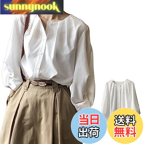 【送料無料】[xppe] シャツ ブラウス レディース リネン トップス 七分袖 パフスリーブ スリット ゆったり 大きいサイズ 体型カバー レトロ おしゃれ 着痩せ きれいめ 普段着 通勤 無地 フォーマル OL 春 夏 秋