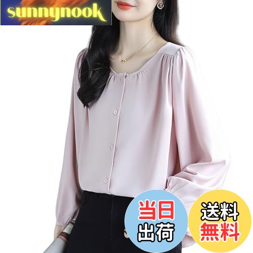 【送料無料】[xppe] ブラウス レディース シフォン 長袖 クルーネック 薄手 ボタン ゆったり 柔らかい 落ち感 体型カバー シャツ オフィス 通勤 ファッション カジュアル 春秋