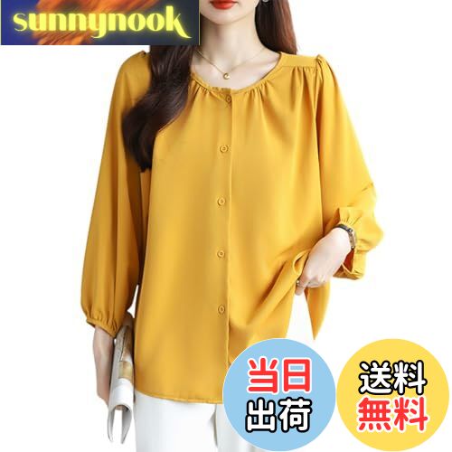 【送料無料】[7-livehouse] ブラウス レディース 長袖 シャツ 前開き シフォンブラウス トップス 丸首 パフスリーブ 無地 シンプル おしゃれ ゆったり 肌に優しい オフィス 通勤 春 秋 冬