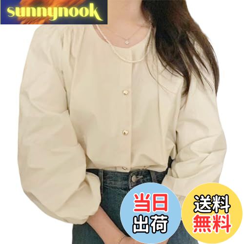 【送料無料】[xppe] ブラウス レディース 七分袖 パフスリーブ トップス ハートボタン 前開き ゆったり 可愛い ボリュームスリーブ バルーン袖 無地 ストライプ 春 秋