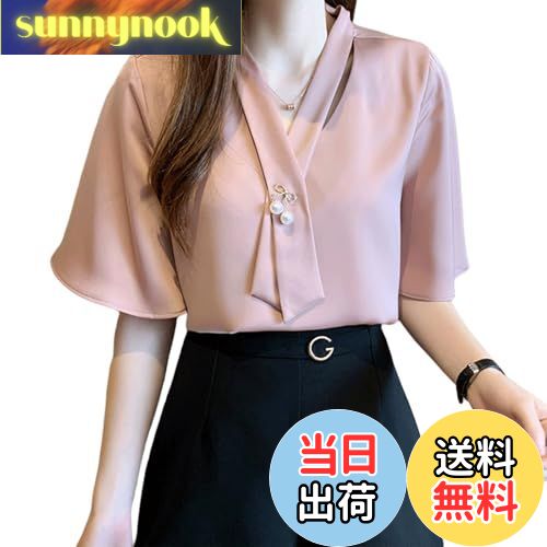 【送料無料】[GlamollaMisse] レディース サマーシフォン ブラウス 半袖 パフスリーブ Vネック カジュアル 無地 リボン飾り シフォン エレガント ゆったり おしゃれ かわいい 女性らしい 大人 大きいサイズ 体型カバー 通勤 春夏