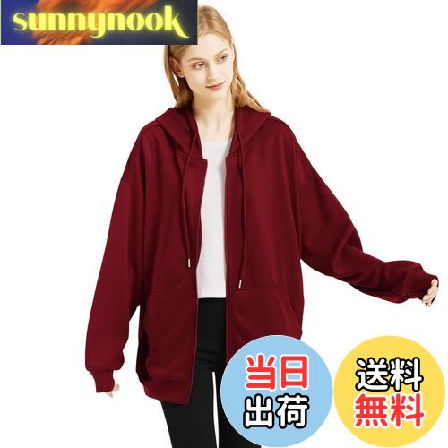 【送料無料】[THREEGUN] パーカー レディース 大きいサイズ フード付き オーバーサイズ ジップパーカー アウター ゆったり トレーナー トップス スウェット 長袖 無地 秋服 色：ワインレッド、サイズ：M