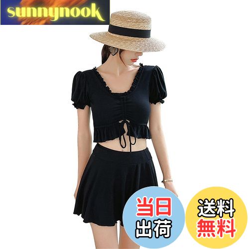 【送料無料】[JOMA E-Shop] 水着 レディース ビキニ ハイウエスト 体型カバー スカート ショートパンツ ビスチェ風 黒水着 セパレート 着痩せ 温泉水着 海水浴 3点セット バスト盛れる フレア フリル かわいい シルエット パッド付き 露出控えめ 色：ブラック、サイズ：M