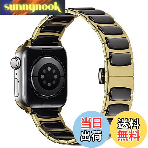 【送料無料】MaKTech セラミックバンド、薄型ステンレス象嵌セラミックベルト、Apple Watch 10/9/Ultra 2/SE/8/7[2024]に対応 (42mm/41/40mm,ゴールド/ブラック)