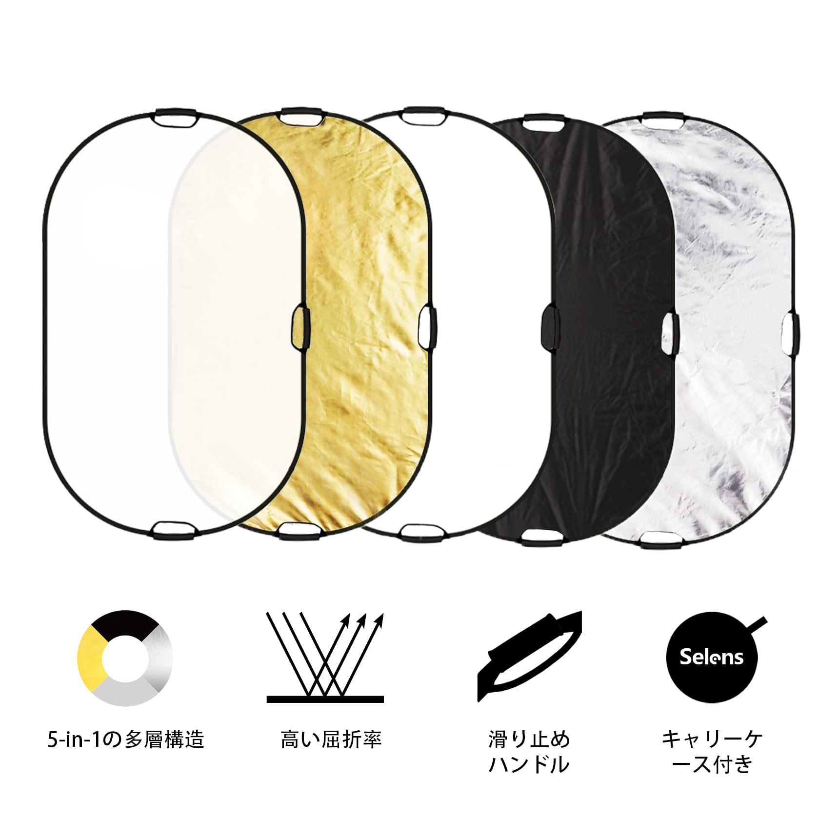 【送料無料】Selens 5-IN-1撮影用 楕円レフ板 100x150cm スポンジハンドル付き ス...