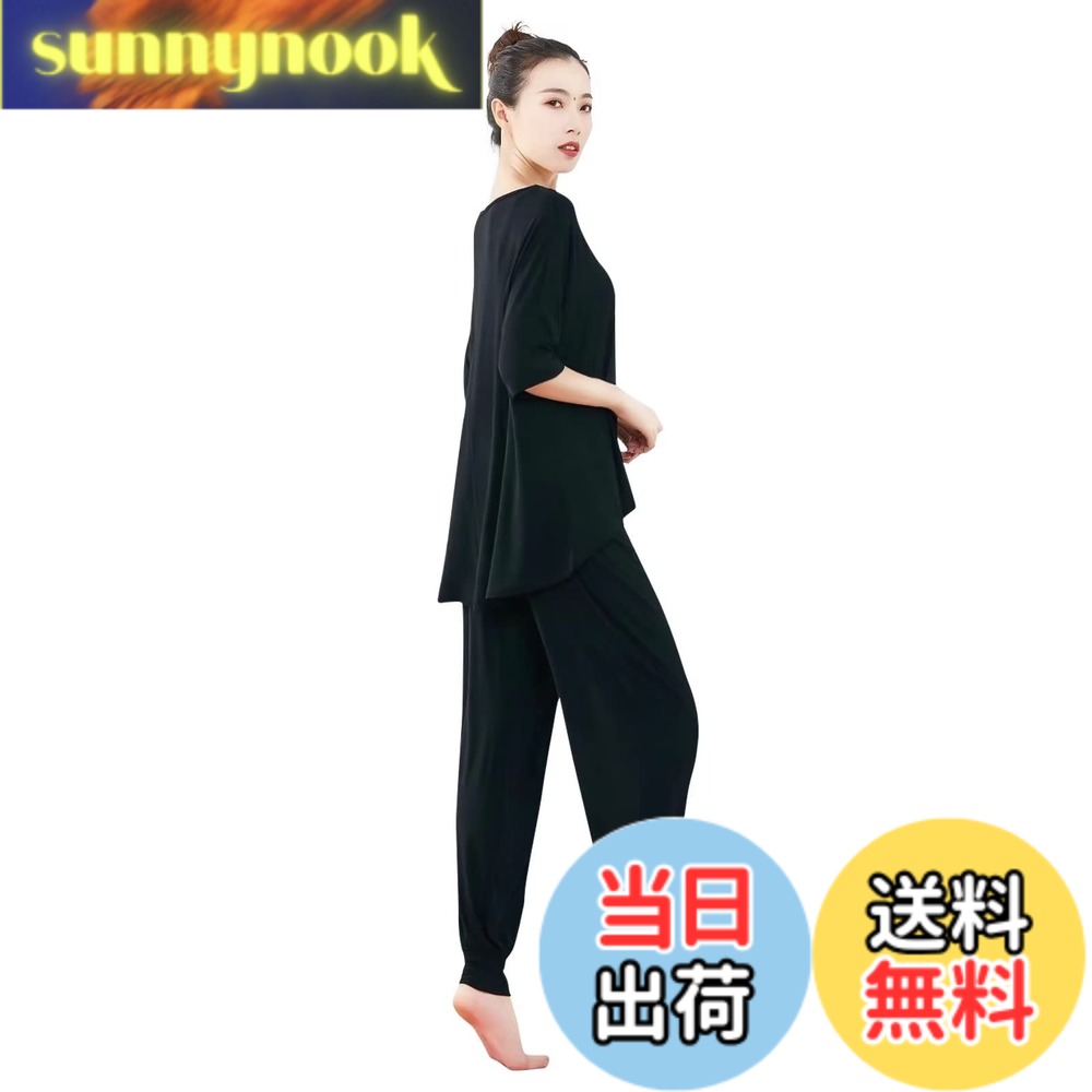Rakuten - 【送料無料】[Sillictor] ヨガウェア 上下セット レディース ダンス服 スポーツ 半袖 tシャツ + ヨガ ゆったり ロング パンツ トレーニングウェア ストレッチ 【通気速乾＆UVカット】 ZX002blk-M