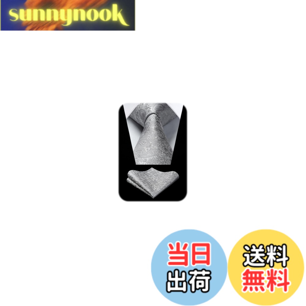 【送料無料】[HISDERN] シルバー ネクタイ チーフ セット メンズ 結婚式 ペイズリー柄 フォーマル ビジネス 入学式 卒業式 礼服用 ネクタイ ブランド プレゼントHP-01