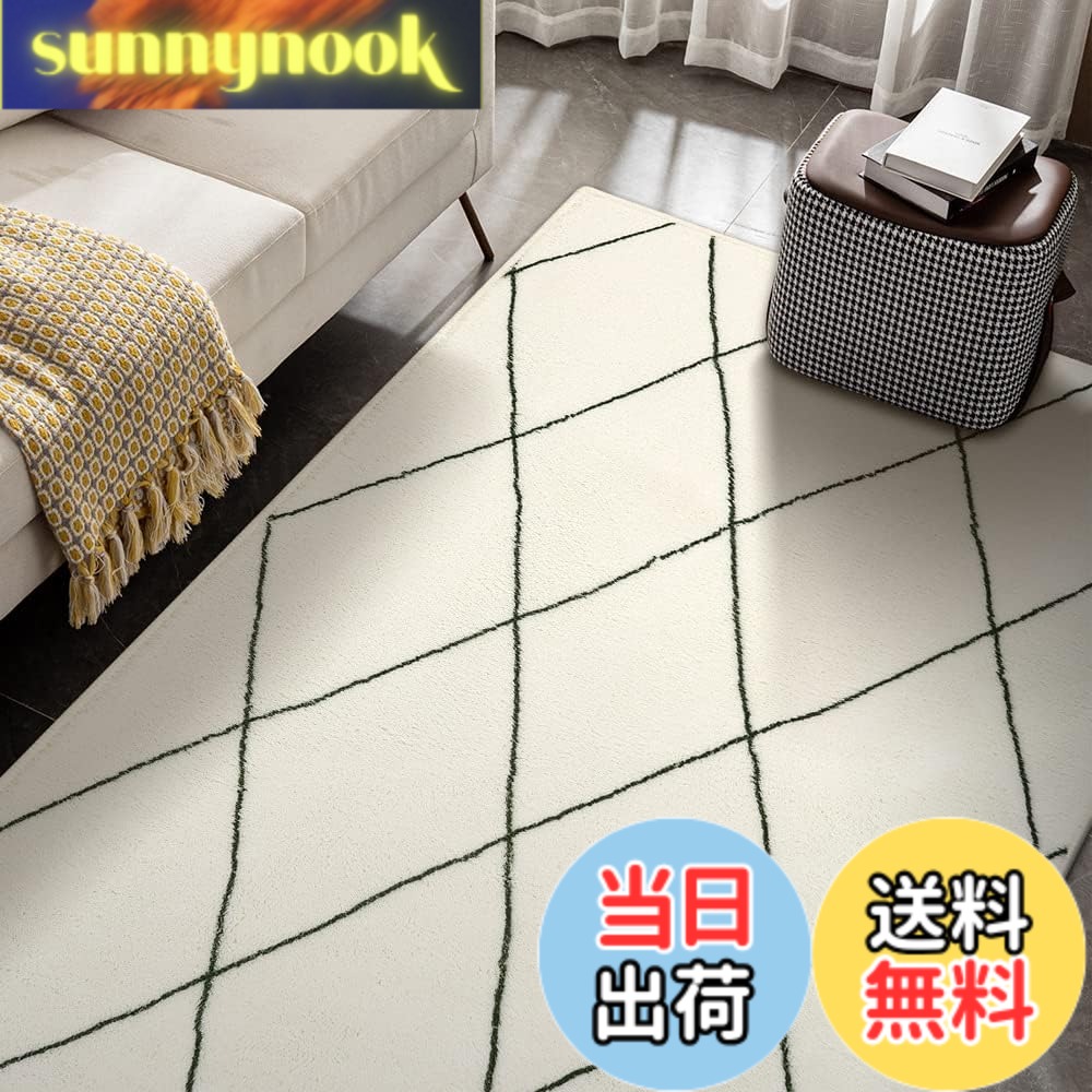 商品情報 商品の説明 主な仕様 【商品仕様】サイズ：90x150cm、厚さ：約6-10mm、表面素材：100％ポリエステル。裏面素材：不織布（滑り止め加工）。オーバーロック加工の端、遊び毛が出たり、形を崩れたりしにくい。梱包：折り畳み。※裏面に滑り止め加工を施しているため、床暖房の上に直接敷くのはおすすめできません【北欧風の幾何学柄】シンプルで自然な線から描かれた幾何学模様、繊細なデザイン画を最新の印刷技術でふわふわの人工ウール生地にプリント、馴染みやすいホワイトとベニワレン風のデザインはお部屋のアクセントとしてもおすすめ【特徴】不織布製の裏面には滑り止め加工を施しておりので、子供やペットがいらっしゃるご家庭でも安心してご使用いただけいます。吸水・防音・防ダニ・抗菌・防臭仕様、薄くて軽く、女性でも余裕で折りたたみや持ち運びができます。ふんわり柔らかく、沈みこむような心地良い質感。ほどよいな厚さで、1年中使えます。※他のマットの上に使用しても滑り止め効果も抜群です【お手入れ簡単】毛足は短くて密度が高く、ゴミや髪が絡みにくく、日常の清潔は掃除機をかけるだけでキレイ になります。また、汚れた場合は手洗いや洗濯ネットに入れて洗濯機で洗うことができます（ご注意：風通し の良いところで陰干しし、アイロン、乾燥機のご使用をお避け下さい。）【幅広く活躍】ラグは機械織り製造で、丈夫で破れにくく、床を保護すると同時にインテリアとしても活用できま す。また、ほどよい厚さで、オールシーズンお使いできます。ベッドサイド、リビングルーム、ベランダ、やダイニングの テーブルの下など様々なシーンで活躍します # 【送料無料】HAOCOO カーペット ラグ ラグマット 約1畳 北欧 アンティーク 幾何学柄 ふわふわ 滑り止め ホットカーペット対応 防音 洗濯可能 オールシーズン適用 リビング ダイニング (90х150cm,アイボリー) 毎日の生活の中で、お部屋を心地良く過ごすためのカーペット選びはとても大切です。特に小さなお子様やペットがいる家庭では、安心して使える製品が求められますよね。そこで私たちがおすすめするのが、HAOCOOのカーペットラグです。北欧風のデザインや色合いは、どんなインテリアにもマッチしますが、機能性も抜群です。防音や抗菌、防臭など、家族の健康を守る特徴が満載です。これを敷くことで、柔らかな質感を体感しつつ、部屋全体が温かく、居心地の良い空間に変わります。普段の掃除やお手入れも簡単で、清潔感を保ちながら長く使えます。ぜひ、HAOCOOのカーペットラグで、あなたのお部屋を更に素敵な空間に変えてみませんか？ ## 商品の特徴 HAOCOOカーペットラグは、約90×150cmのサイズで、厚さは約6?10mmです。この適度な厚さは、床にやさしく、また足元を冷えから守ります。表面素材は100%ポリエステル製で、柔らかさとふわふわ感があります。裏面は不織布で滑り止め加工が施してあり、安心して使用できます。お子様やペットがいる家庭でも、安心して使える設計です。特に、遊び毛が出にくく、形が崩れにくいオーバーロック加工が施されているので、長持ちします。 また、このカーペットは北欧風の幾何学模様が特徴的で、シンプルながらも目を引くデザインです。ホワイトとベニワレン風の組み合わせが美しく、部屋のアクセントとしても最適です。リビングやダイニング、寝室など、さまざまなシーンでお使いいただけます。デザイン性だけでなく、多機能性も兼ね備えています。例えば、吸水性に優れており、水分をしっかり吸収しますので、万が一の汚れも気になりません。 さらに、防音効果や防ダニ・抗菌機能も強化されています。これにより、日常の生活音やダニの発生を抑えることができます。特に、家族の健康を考える上で重要なポイントです。さらに、軽くて持ち運びが容易なので、女性でも楽々移動できます。必要に応じて簡単に取り外してお手入れ可能です。これこそ、HAOCOOのカーペットラグが高く評価される理由です。 ## お手入れ・洗濯について 日々の忙しさの中で、家の掃除をこまめに行うのは大変ですよね。HAOCOOのカーペットラグでは、日常の清掃が非常に簡単です。特に、毛足が短く密度が高いため、ゴミや髪の毛が絡みにくく、掃除機でさっとかけるだけで清潔が保てます。お手入れの手間が省けるのは、忙しい現代人には嬉しいポイントです。 さらに、万が一汚れてしまった場合でも安心です。裏面に滑り止め加工が施されているので、洗濯機での洗濯も可能です。まずは手で軽く汚れを落としてから洗濯ネットに入れ、洗濯機で洗ってください。ただし、洗濯後は風通しの良い場所で陰干しすることをお勧めします。乾燥機やアイロンを使うと、マットの劣化の原因になりますのでご注意ください。 また、カーペットラグは折りたたみ式で、収納も簡単です。散らかっている部屋をすっきりさせたい時など、移動がスムーズに行えます。モデルの違いや使用場所によって、様々な選択肢があり、自分のライフスタイルに合わせて使えるのも大きな魅力です。特にオールシーズン使用できるので、夏場でも冬場でも重宝します。お手入れが簡単で、おしゃれなデザインを持つHAOCOOのカーペットラグは、どんなライフスタイルにもぴったりフィットするでしょう。 ## さまざまなシーンでの活用法 HAOCOOのカーペットラグは、デザイン性と機能性を兼ね備え、様々な場所で使えるのが魅力です。例えば、リビングではソファの下に敷くことで、空間に統一感をもたらし、おしゃれな印象を与えます。また、ダイニングテーブルの下に敷くことで、食事の際の快適さを増すことができます。子供たちが過ごすプレイルームにも最適です。 さらに、寝室に敷くことで、毎朝の目覚めをより快適にしてくれます。足元が冷たくないだけでなく、ふわふわの素材が心地良い感触を提供し、一日の始まりを明るくしてくれます。玄関マットとして使用する際も、スタイリッシュなデザインで家の入口を彩ります。 また、ベランダやバルコニーに敷けば、外の空気を楽しむための快適なスペースを作れます。このようにHAOCOOのカーペットラグは、あらゆるシーンでの活用が可能です。生活の質を高めるために、ぜひお試しください。 ## まとめ - HAOCOOカーペットラグは、多機能でデザイン性が高い。 - 約90×150cmで、厚さは6?10mm。 - 日常のお手入れが簡単で、洗濯が可能。 - 様々なシーンで活用でき、オールシーズン使える。 - 家族の健康を守りつつ、おしゃれな空間を演出できる。