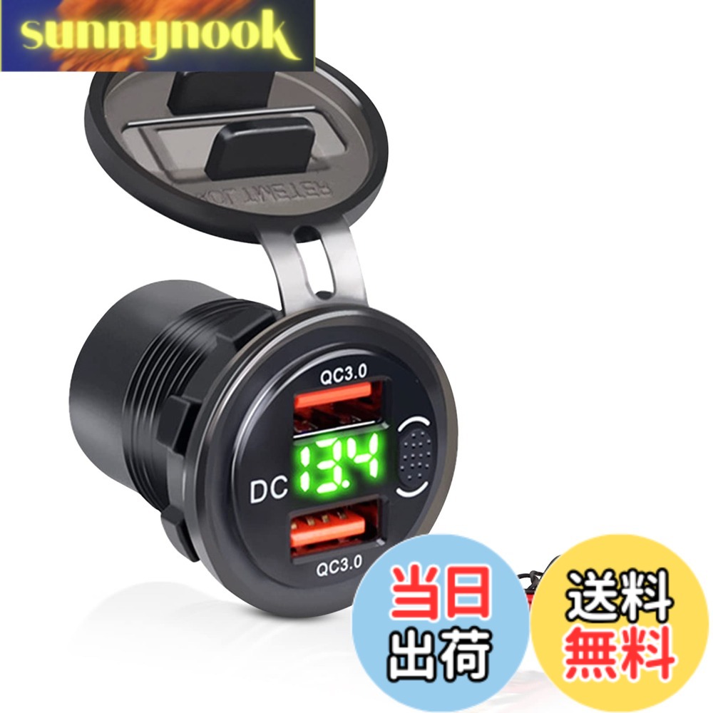 【送料無料】Palumma USBカーチャジャー ト QC3.0急速充電 電源ソケット 埋め込み用 急速充電 USB 2ポート付き 車載充電器 12V / 24VデュアルUSB車載電源コンセント、防水、LED電圧計表示、 ボタン付きスイッチ シガーライター(グリーン)