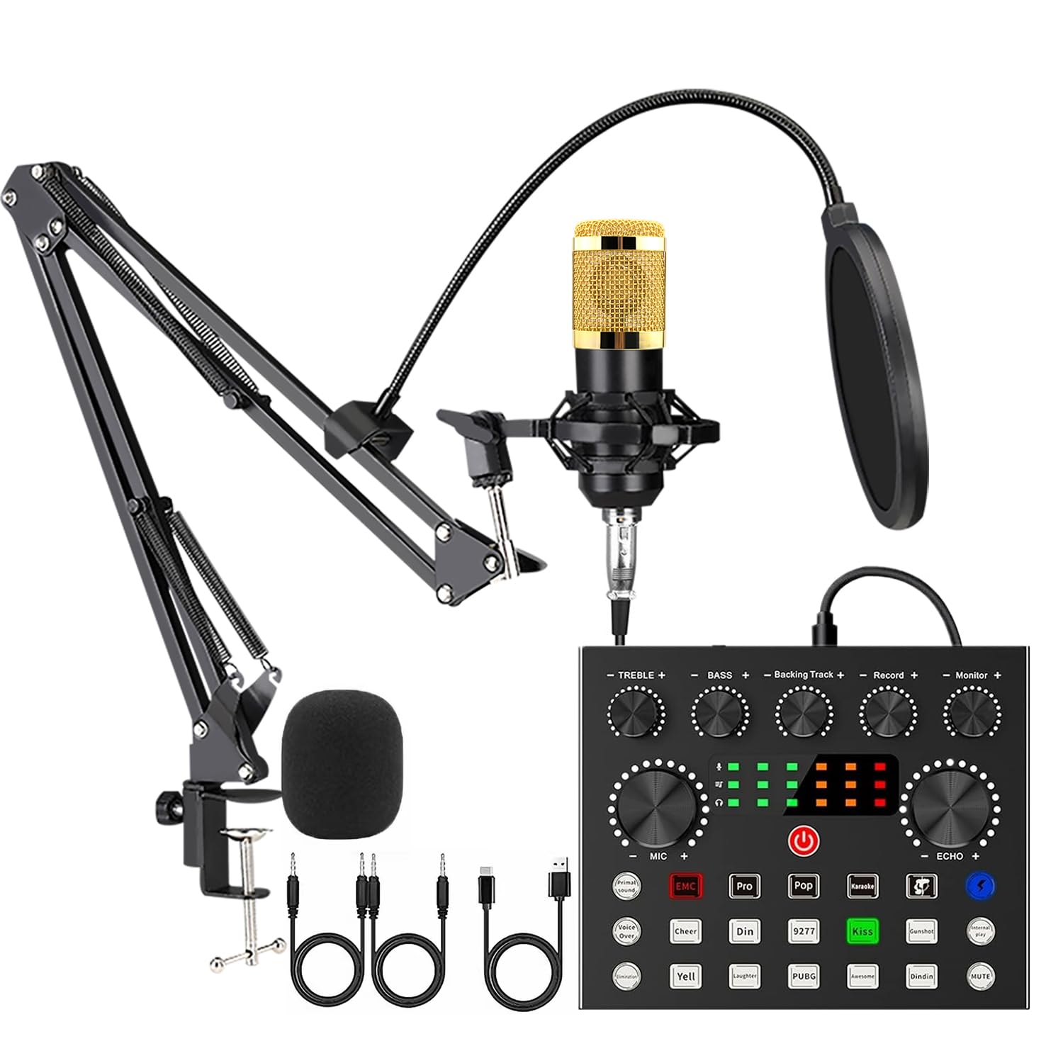 商品情報商品の説明主な仕様 【カラオケ DJ ミキサー セット生放送用】実況者や家族でのカラオケに最適です。インストールが簡単で、購入後すぐに使用でき、アクセサリを個別に購入する時間を無駄にする必要はありません。【改良版V8S サウンド カード】V8Sサウンドカードは、ボイスチェンジャー機能を搭載しています。ライブ配信やカラオケを手軽に始めたいけど、どんな機材を買えばいいのかわからないという方には、このサウンドカードがおすすめです。【改良版マイク スタンド】頑丈な合金製。 関節部には角度調整が簡単にできます。枕元の壁だけでなく、デスクトップにも取り付けることができます。ご注意：垂直平面から水平平面に切り替わて使う場合に、底部の固定用ネジをねじり、根元のネジ穴位置に固定してお願いします。【改良版マイク ポップガード】2層のマスクシールドは、空気の吹き付けを効率的にブロックし、破裂音、風の干渉、録音または放送中の唾液の噴霧を減らし、よりクリアで大きな音を提供します。【おしゃれなメタルマイク】マイクの色はとてもおしゃれです。 このマイクはコンデンサーマイクで、二層の金属網を内蔵し、より良い音質を高めることができる。 202CMのオーディオケーブルがあり、十分な長さがあります。注：スマートフォンとサウンドカードの音量を適切なレベルに調整し、マイクにスポンジ飛沫防止カバーをかぶせると、マイクのノイズを効果的に防ぐことができます。