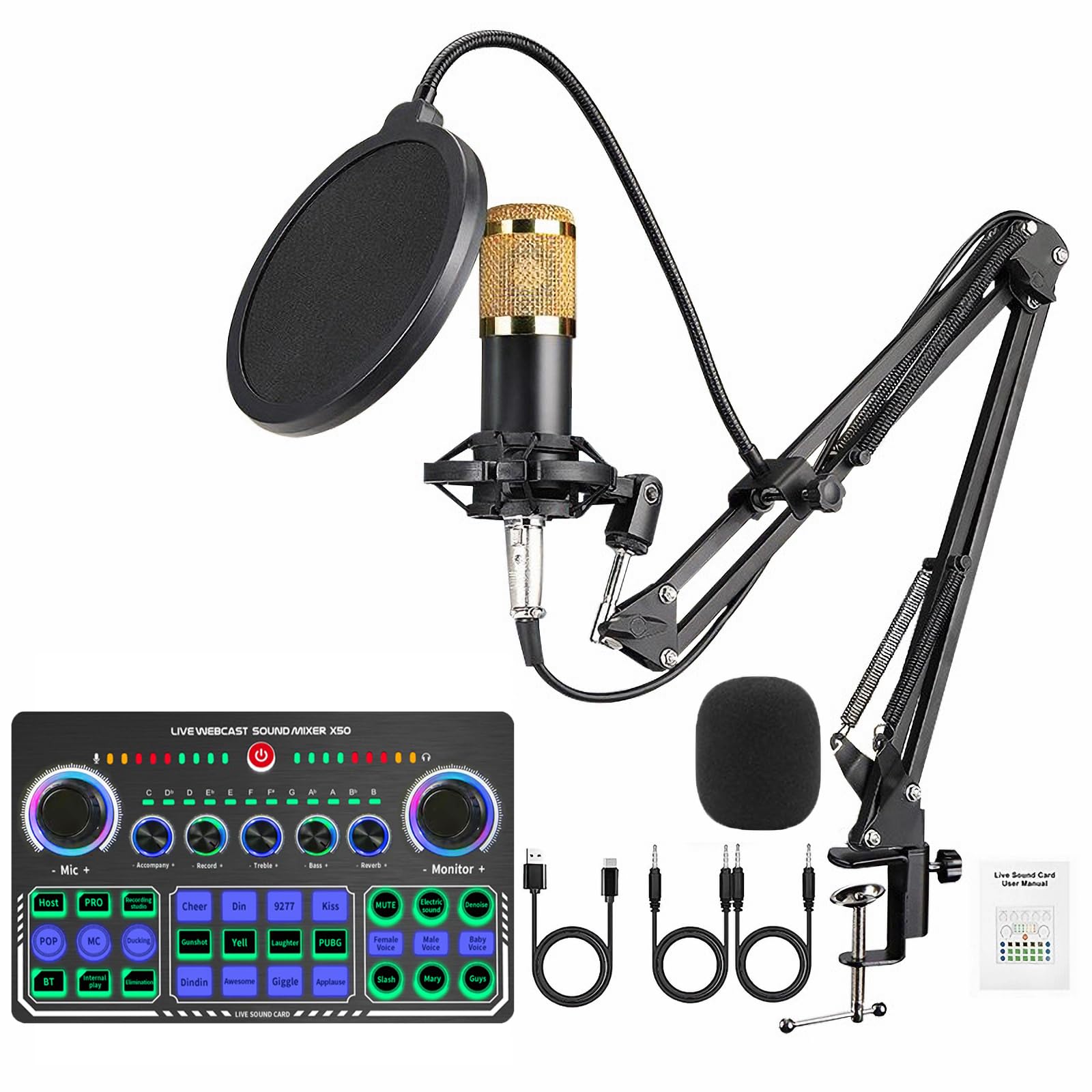商品情報商品の説明主な仕様 【一台で完了＆操作簡単】X50 DJ ミキサーは、オールインワンポータブルオーディオミキサーセットです。ライブ配信を簡単に始めてみたいけどどんなデバイスを買えば良いかわからない場合に最適なデバイスです。複雑な操作が必要なく、価値のあるコンテンツを提供し、視聴者とのコミュニケーションに集中することができます。【改良版X50 サウンド カード】X50サウンドカードは、ボイスチェンジャー機能を搭載しています。ライブ配信やカラオケを手軽に始めたいけど、どんな機材を買えばいいのかわからないという方には、このサウンドカードがおすすめです。複雑な操作が必要なく、価値のあるコンテンツを提供し、視聴者とのコミュニケーションに集中することができます。【強力な機能】X50ミキサーは同時に2台のスマートフォンをサポートしてオンラインライブブロードキャストを行うことができます。それぞれに伴奏とモニタリング用の音量スライダー ボタンがあります。低音域、中音域、高音域のコンディションノブ、サインオフコントロールボリュームもあります。マイクボリュームノブもあります。【クールなRGBライト】X50ミキサーの各ボタンはオフとオンに応じて異なる色のライトを発光し、見た目はとても美しくてクールで、高級感があります。【X50ミキサー仕様紹介】寸法:約 19.1*11.8*4.5 cm ;重量: 約380g;材質: メタルアンチスクラッチ チャンネル;サポート: 2チャンネル ;電源:1200 mAh ;充電中 5V/1A オーディオインターフェイス 3.5mm