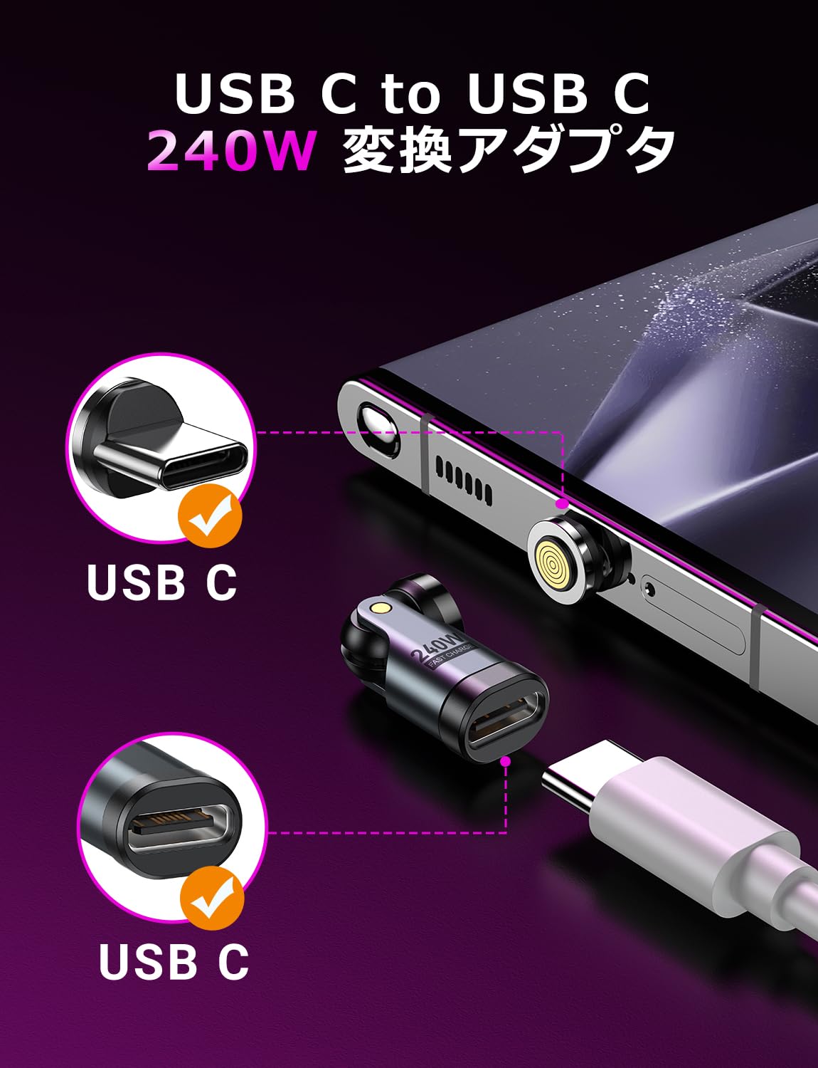 【送料無料】VAFOTON 240W対応 9Pin マグネット USB-C 変換アダプタ 540°回転 Type...