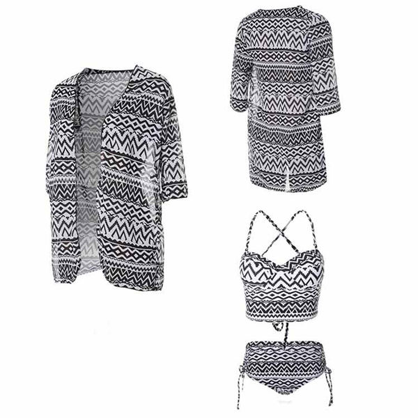 水着 大きいサイズ ぽっちゃり水着 レディース 体型カバー 大きいサイズ水着 ぽっちゃり ハイウエスト ビキニ スモック付 3点セット シェブロンストライプ かわいい セクシー 韓国風 大人 女性用 水着30代 20代 M L XL df557c0c0l9