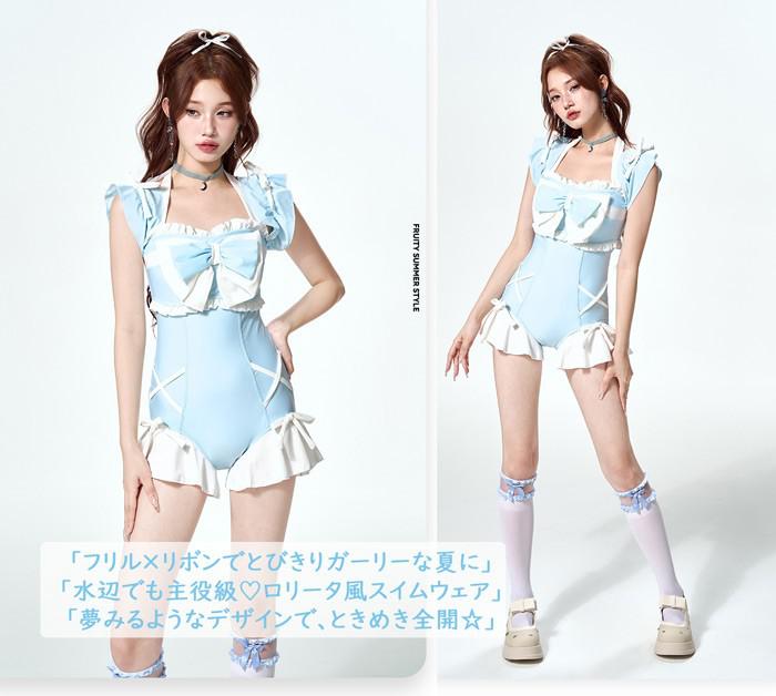 レディース 水着 レオタード水着 パッド付 かわいい リボン 小胸 露出控えめ 青 ブルー 夏 海 ビーチ プール 温泉旅行 M L XL df658c0c0x0