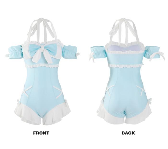レディース 水着 レオタード水着 パッド付 かわいい リボン 小胸 露出控えめ 青 ブルー 夏 海 ビーチ プール 温泉旅行 M L XL df658c0c0x0
