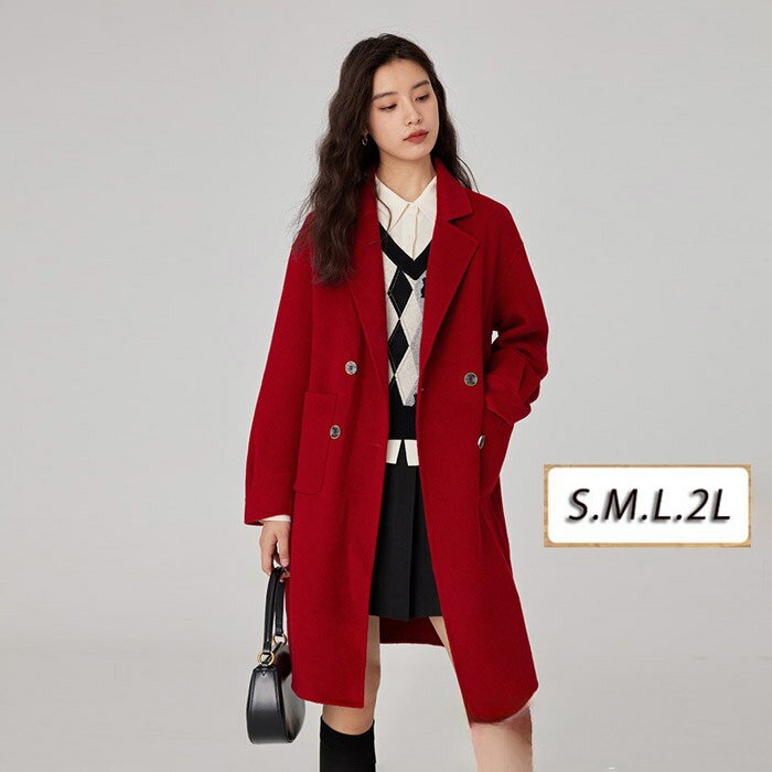 チェスターコート レディース ミドル丈 ダブルボタン 通勤 通学 アウター 秋冬 ゆったり きれいめ カジュアル 無地 赤 コート S M L 2L 防寒 軽量 上品 mc018c0c0lc