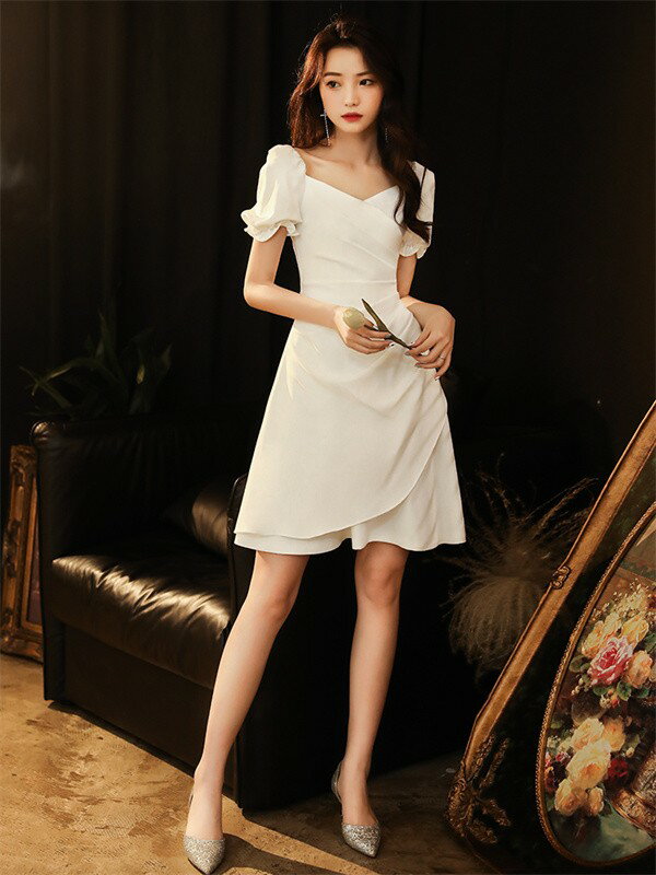 膝丈 演奏会 ドレス 大人 ピアノ 発表会 演奏会用ドレス 演奏会ドレス パーティードレス ピアノ発表会 膝丈 結婚式 パフスリーブ ファスナー 膝丈ドレス ショート丈ドレス お呼ばれ 20代 30代 可愛い da055c6