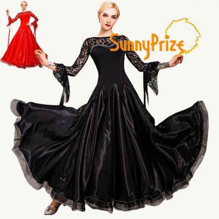 【サイズ有S/M/L/XL/2XL/3XL】社交ダンス ダンス発表会 大きい裾 豪華な社交ダンスドレス 競技着 練習着 演出用 社交ダンス ドレス スタンダードドレス衣装 パーティー用 ラテン衣装 大きいサイズ ブラック レッド サイズ指定可d1250d3d3lc