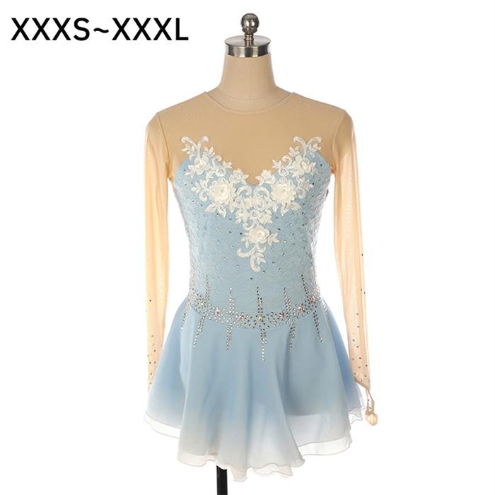 フィギュアスケート ドレス 女の子 レディース ブルー 水色 コンクール 衣装 競技用 演出服 レッスン着 透け感 アイスダンス アイススケート ガール 長袖 レオタード フレア スカート ストレッチ キラキラ フォーマンス 3XS 2XS XS S M L 2L 3L 4L ds011d7d7x0