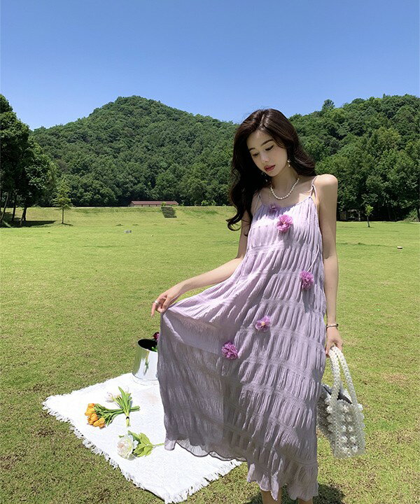 リゾートワンピース 大人可愛い 夏 ロングワンピース 花付き リゾートワンピ キャミソール マキシワンピース ハワイ ハワイアン 沖縄 体型カバー 結婚式 七五三 成人式 卒業式 入学式 Aライン 春夏おうち 無地 マキシ丈 おしゃれ 韓国 パープル S M L dd031l9l9x0