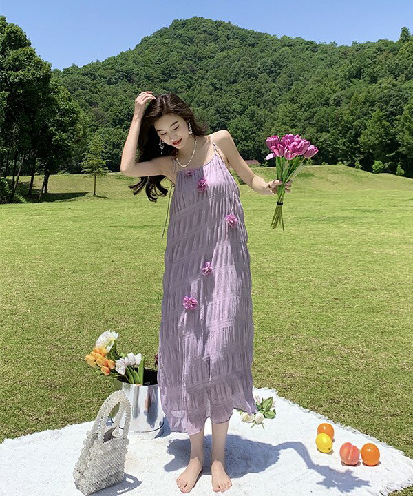 リゾートワンピース 大人可愛い 夏 ロングワンピース 花付き リゾートワンピ キャミソール マキシワンピース ハワイ ハワイアン 沖縄 体型カバー 結婚式 七五三 成人式 卒業式 入学式 Aライン 春夏おうち 無地 マキシ丈 おしゃれ 韓国 パープル S M L dd031l9l9x0
