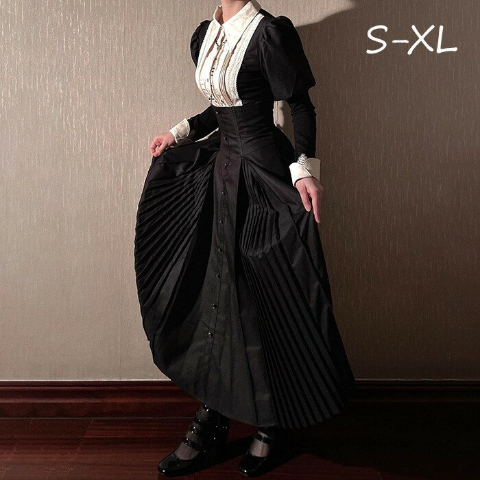 ロリータ コスチューム ハロウィン ブラウス スカート 上下セット セットアップ レトロ風 リボン レディース ゴスロリ 暗黒風 ロリィタファッション 長袖 フ...