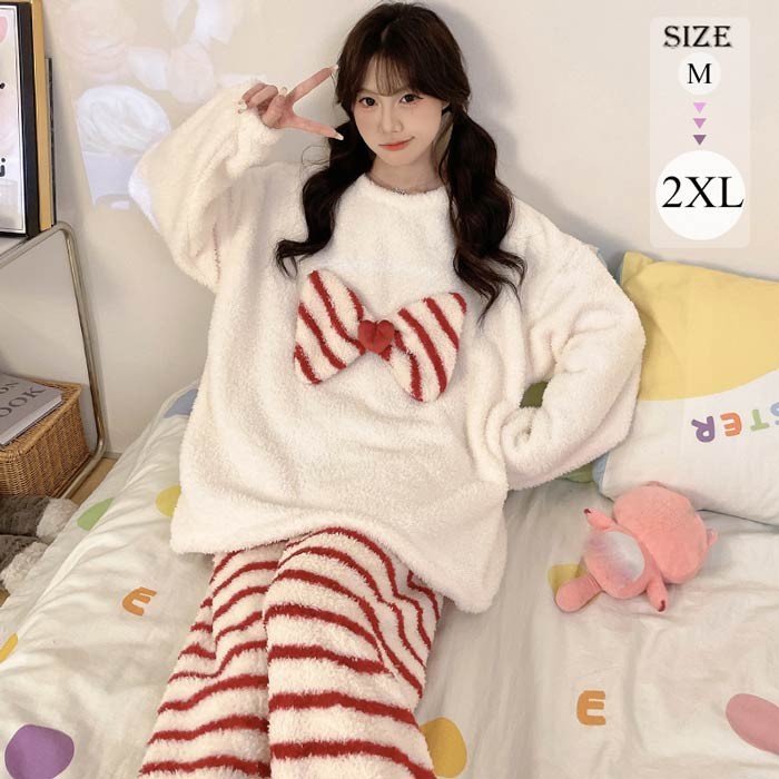 【ルームソックス1点プレゼント】レディース ルームウェア 秋冬 パジャマ セットアップ リボン 長袖 ふわふわ パジャマ 部屋着 寝間着 おうち時間 女性用 シンプル おしゃれ dh034m3m3x0