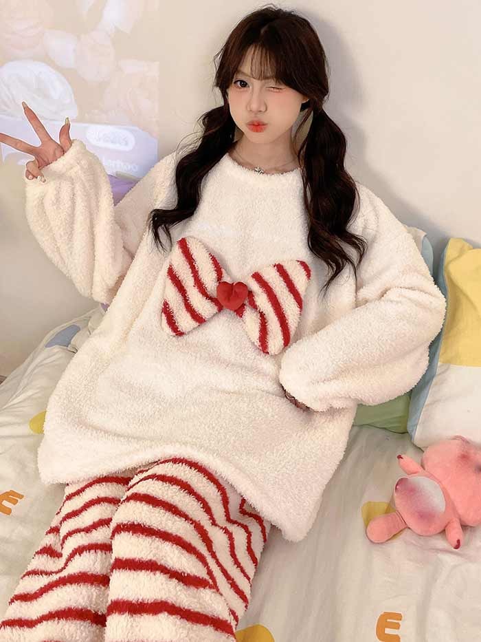 レディース ルームウェア 秋冬 パジャマ セットアップ リボン 長袖 ふわふわ パジャマ 部屋着 寝間着 おうち時間 女性用 シンプル おしゃれ dh034m3m3x0