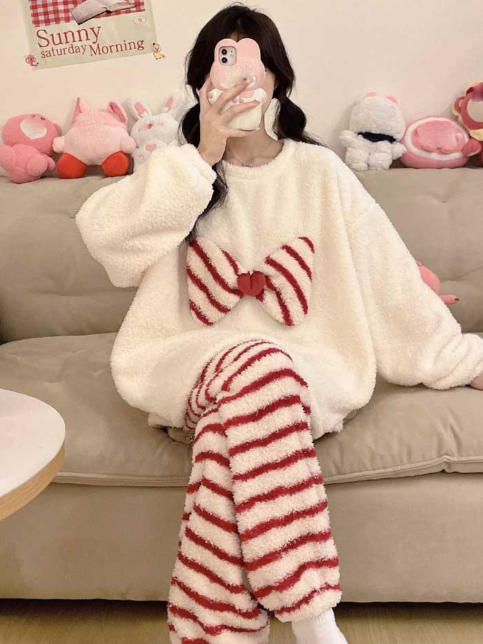 レディース ルームウェア 秋冬 パジャマ セットアップ リボン 長袖 ふわふわ パジャマ 部屋着 寝間着 おうち時間 女性用 シンプル おしゃれ dh034m3m3x0